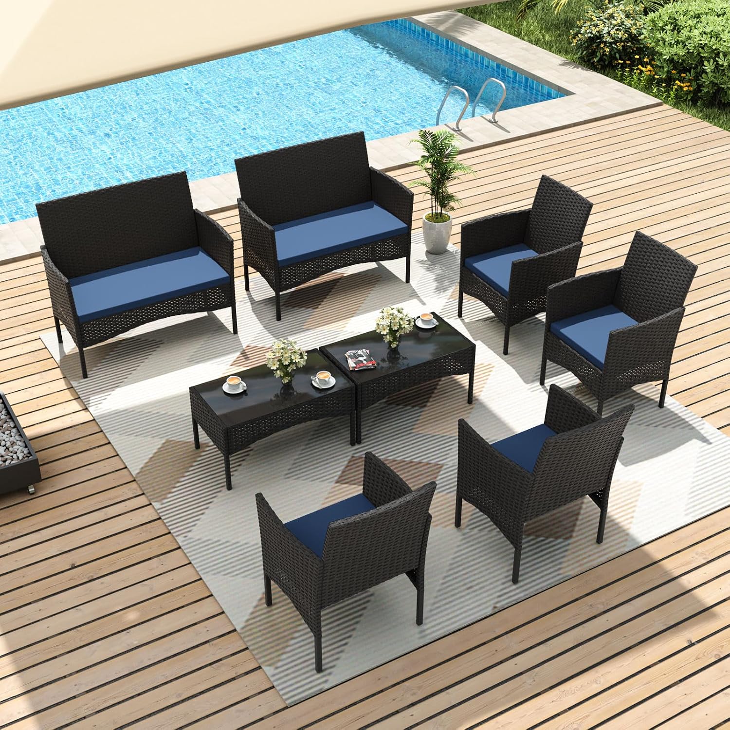 Outdoor Furniture Loveseat - 8-teiliges Gartenmöbel-Set, Rattan-Outdoormöbel mit 4 Stühlen,
