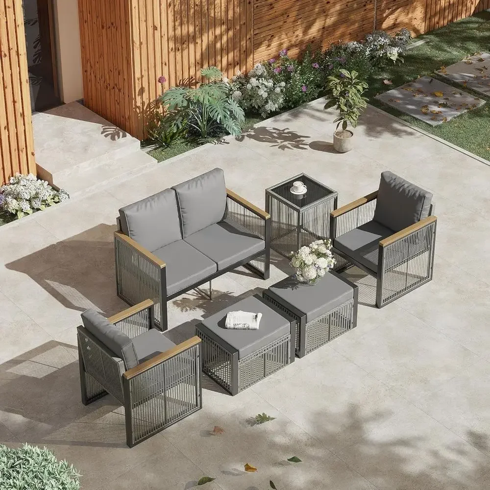 Outdoor Furniture Loveseat - 6-teiliges graues Gartenmöbel-Set mit Hockern, Couchtisch