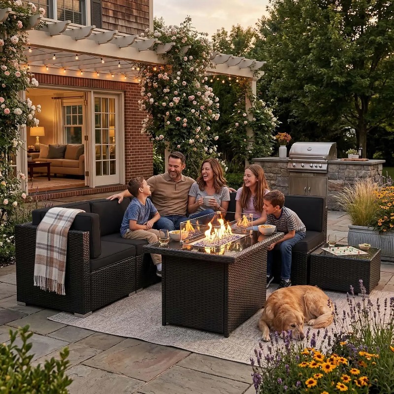 Outdoor Furniture With Fire Pit - 8-teiliges Gartenmöbel-Set aus Rattan mit 44-Zoll-Propan-Feuertisch