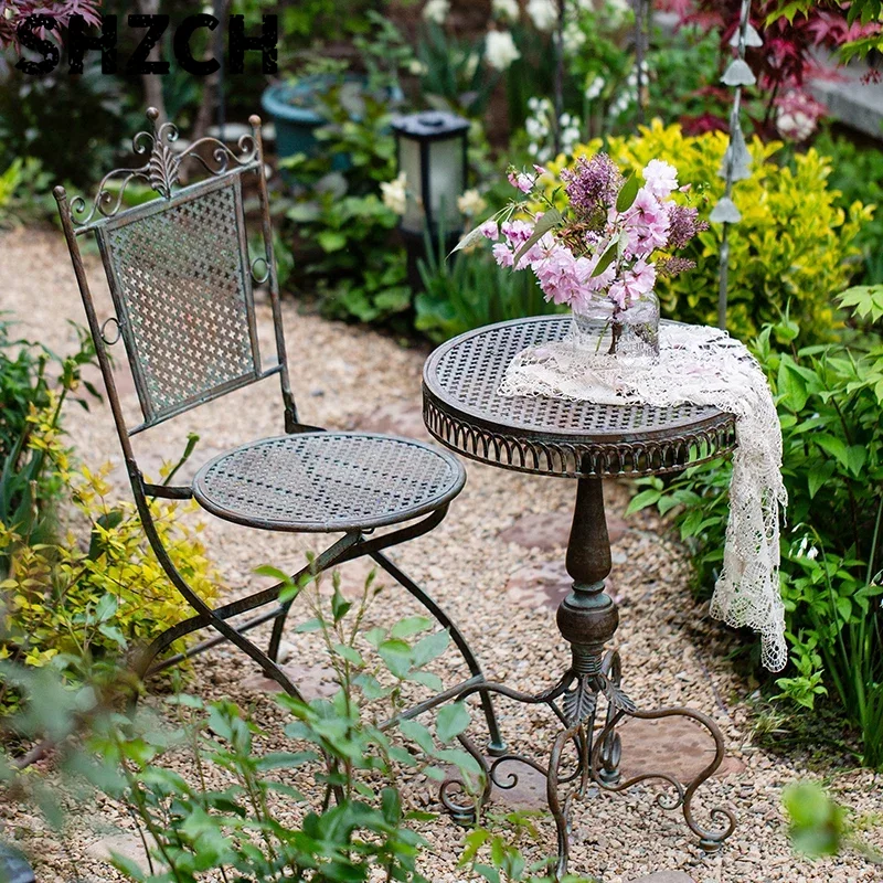 Outdoor Furniture Vintage - Europäischer Vintage-Eisen-Gartentisch, klappbare Kaffeetischstühle für die