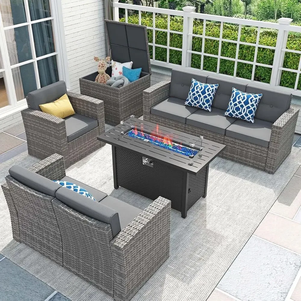 Outdoor Furniture With Fire Pit - 8-teiliges Gartenmöbel-Set mit 45-Zoll-Feuertisch, Outdoor-Sitzgruppe mit