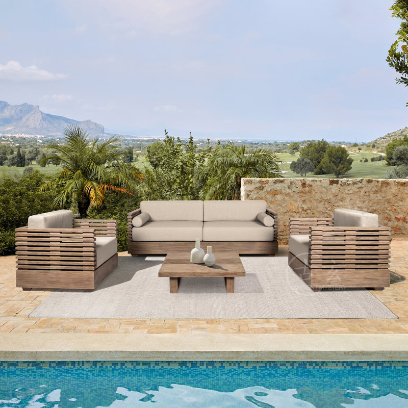 Outdoor Furniture On Sale - Modernes Luxus-Outdoor-Teakholz-Sofa und Couchtisch-Set mit Kissen