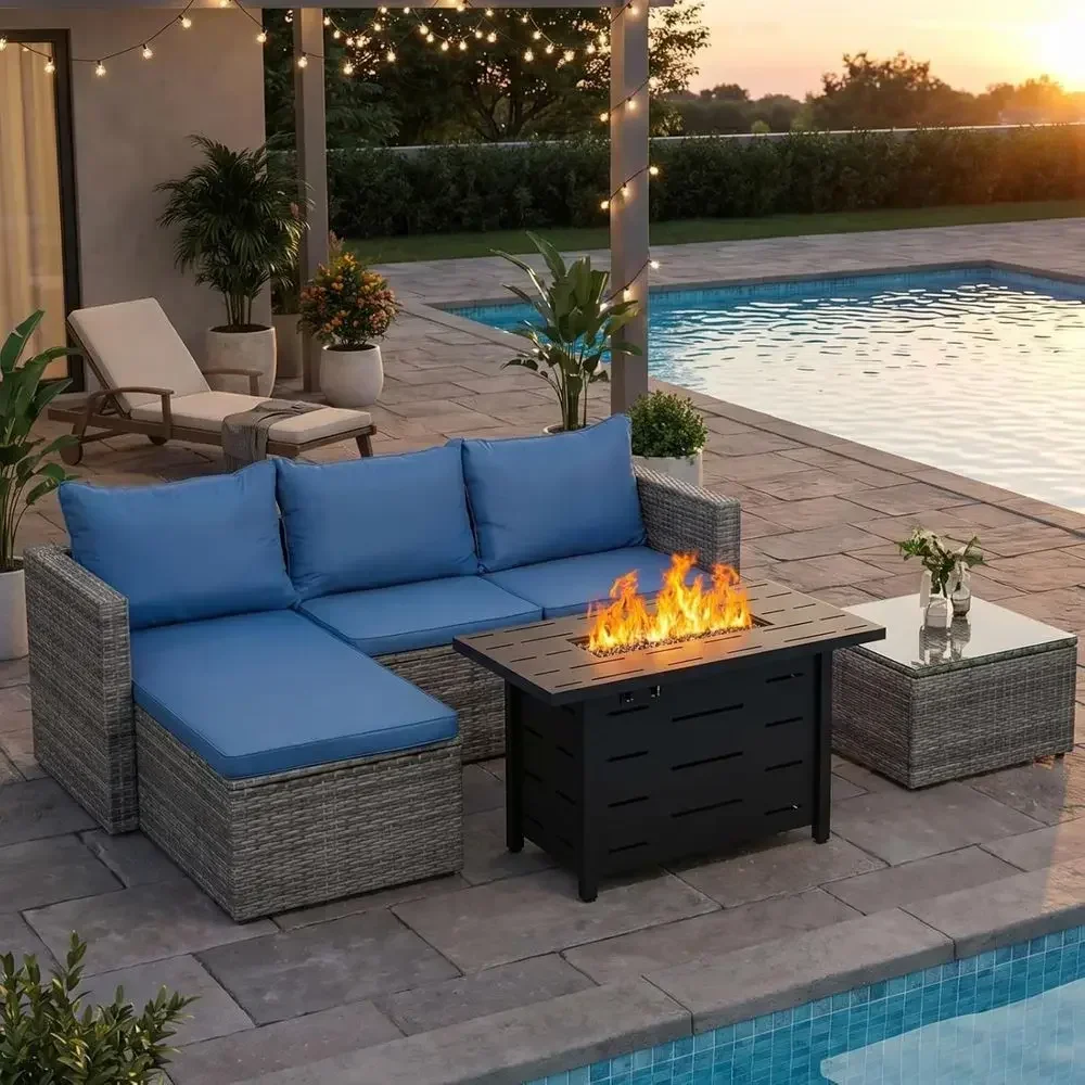 Outdoor Furniture With Fire Pit - 4-teiliges Outdoor-Rattan-Gartenmöbelset mit 43-Zoll-Propan-Feuerstelle, blauen Kissen
